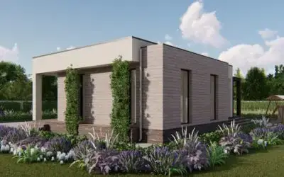 Een platte woning met moderne architectuur en groene accenten